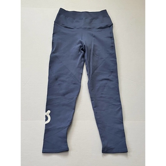 PELOTON•Women XS• Athletic Leggings Pants Blue Gray Cropped Ribbed Textured LOGO - Picture 1 of 6